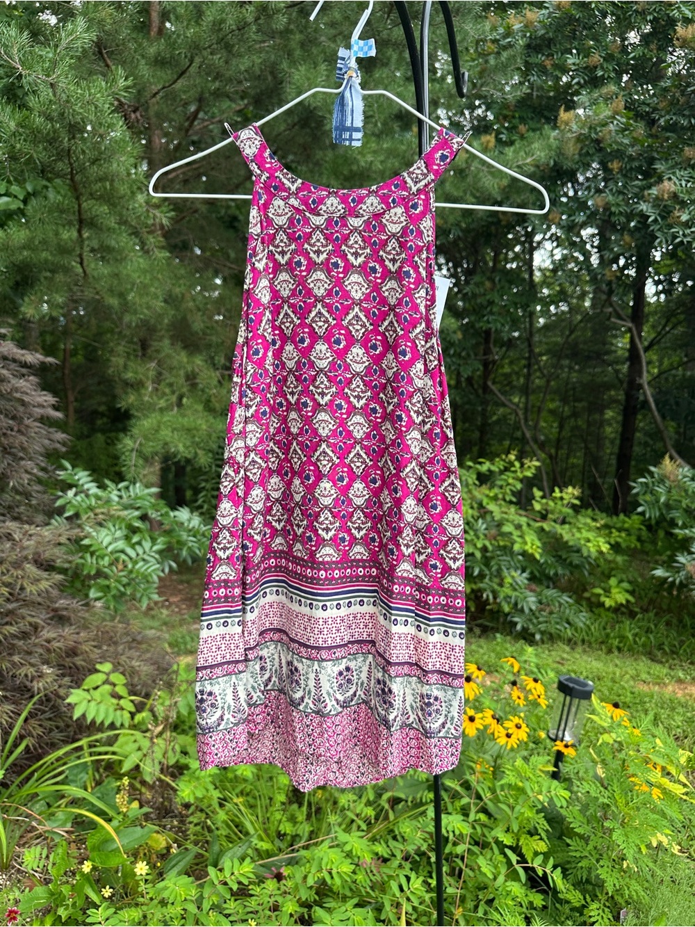 Lucy & Laurel Magenta and White Patterned Boho T-neck Tank Top